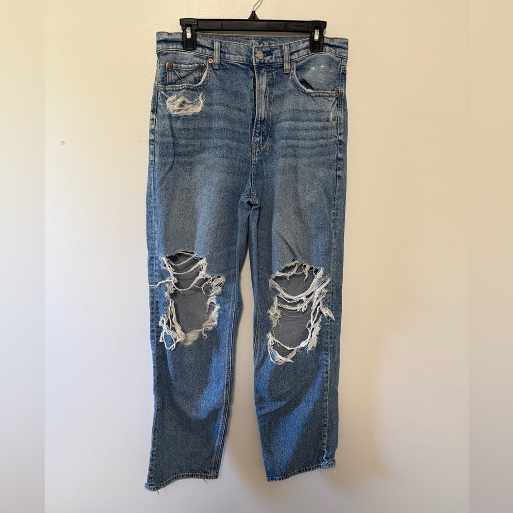American Eagle Outfitters Highest Rise Baggy Straight Distressed Blue Jeans